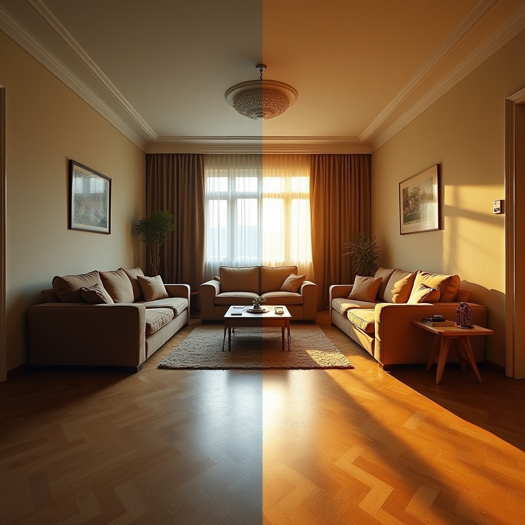 Parchet salon recondiționat, comparație înainte și după șlefuire și lăcuire